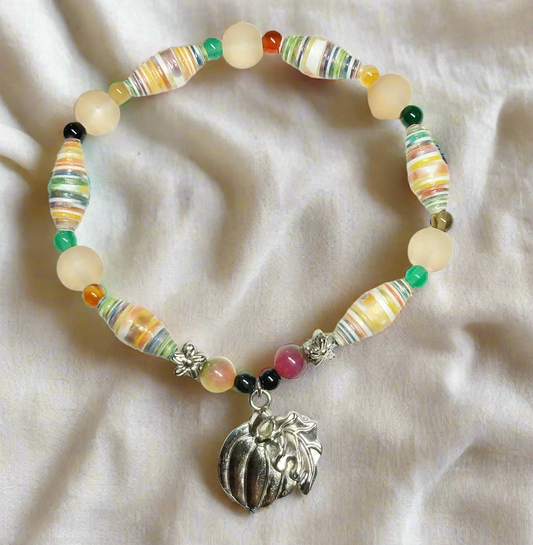 Bracelet With Pumpkin, Colorful Handmade Paper Beads, and Opaque Beads