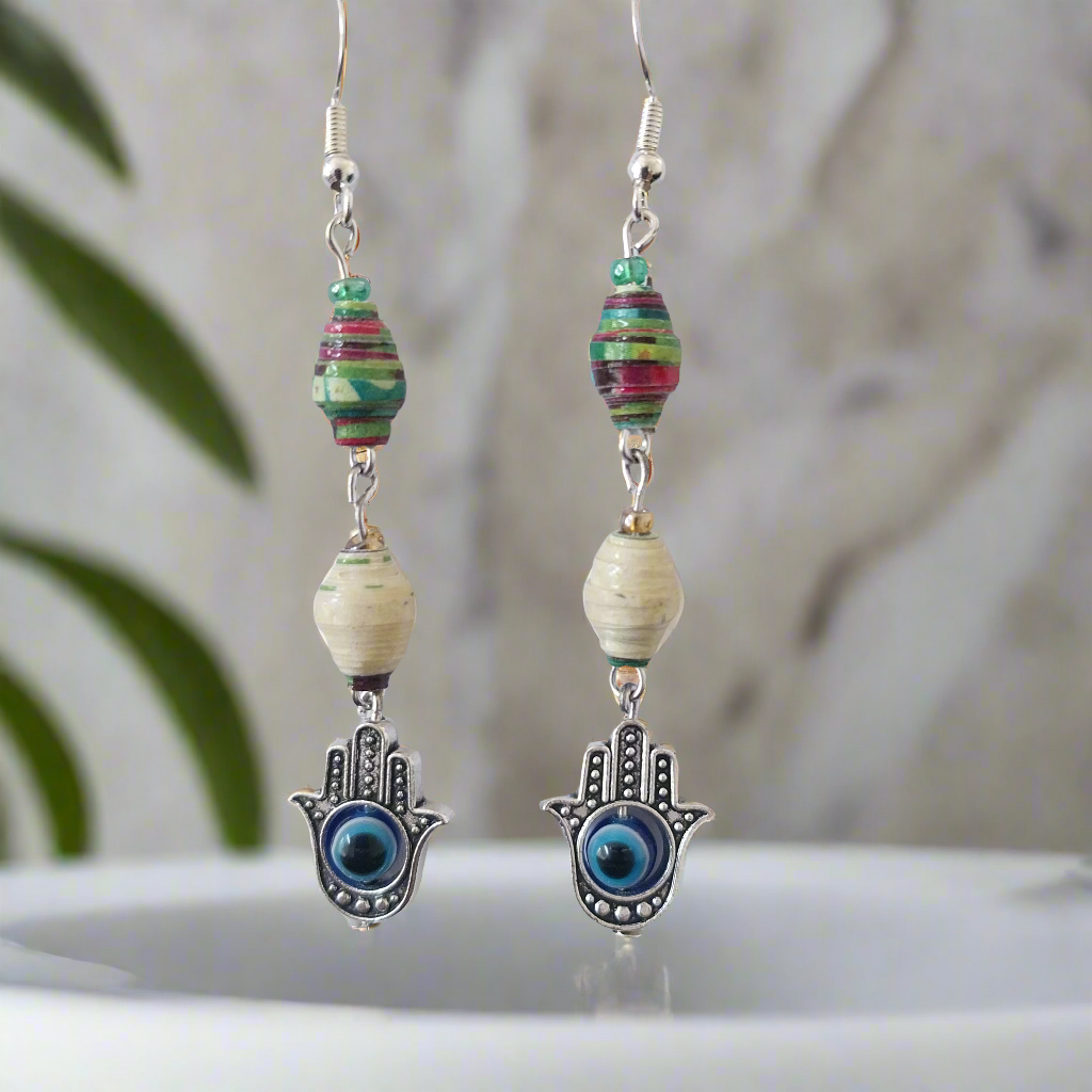 Hamsa Hand Earrings With Multicolored Handmade Paper Beads