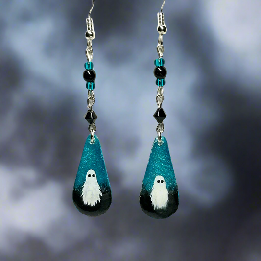 Little Blue Boo Hand-painted Ghost Earrings With Glass Beads