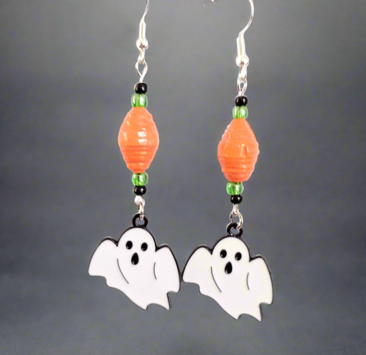 Ghost Earrings With Orange Handmade Paper Beads and Glass Beads