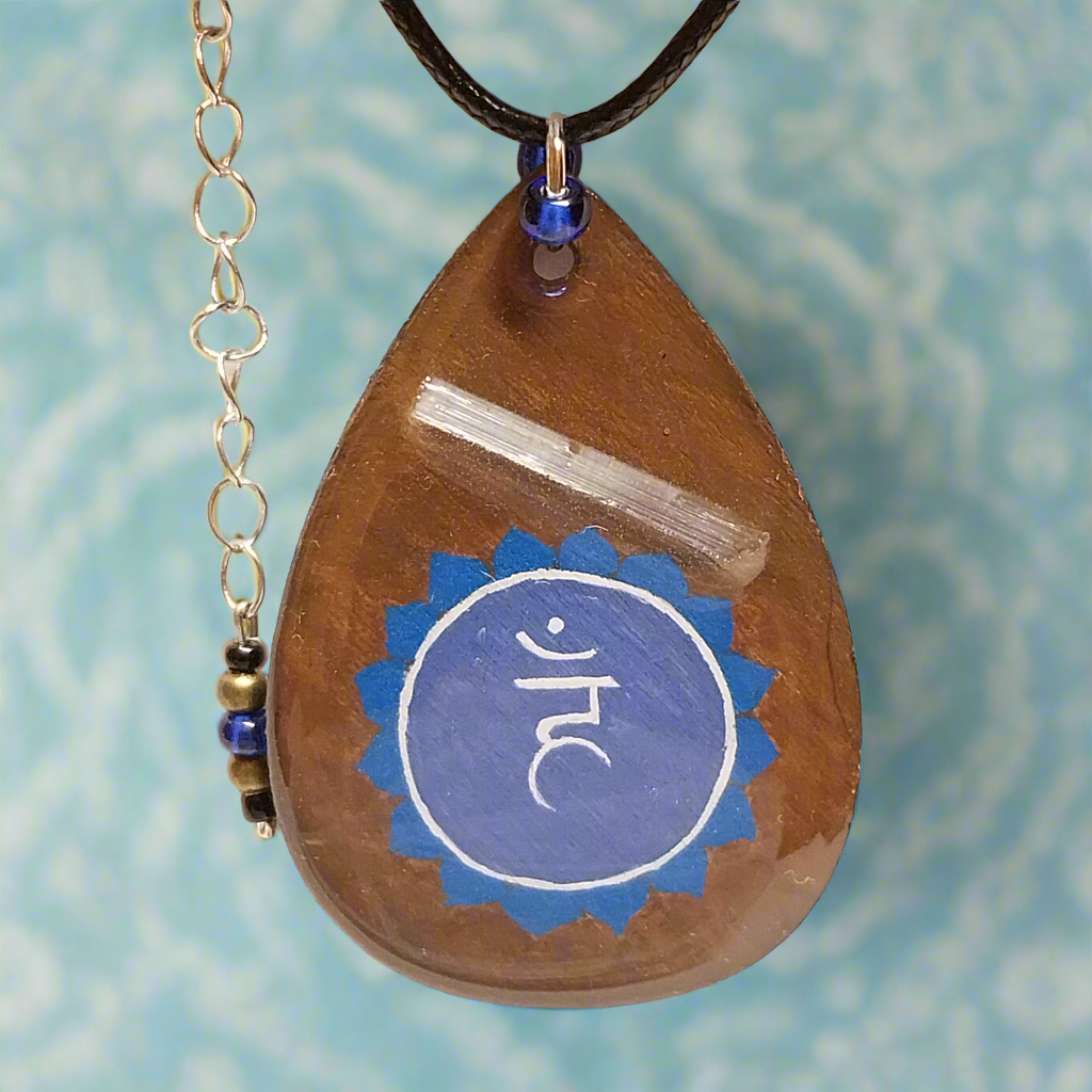 Hand-painted Throat Chakra Necklace Infused With Selenite Crystal