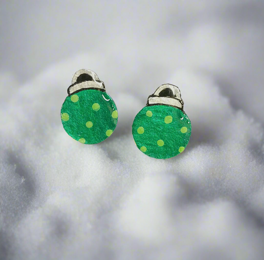 Hand-painted Green Christmas Ornament Stud Earrings