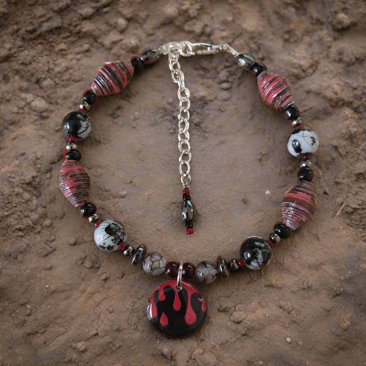 Adjustable Dripping Blood  Bracelet With Handmade Paper Beads and Glass Beads