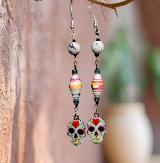 Skull Earrings With Multicolored Handmade Paper Beads and Glass Beads