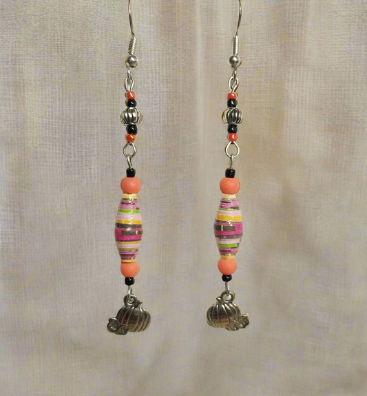 Pumpkin Earrings With Multicolored Handmade Paper Beads and Glass Beads