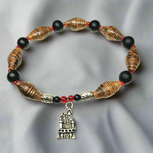 Bracelet With Haunted House, Brown Distressed Handmade Paper Beads, and Black Beads