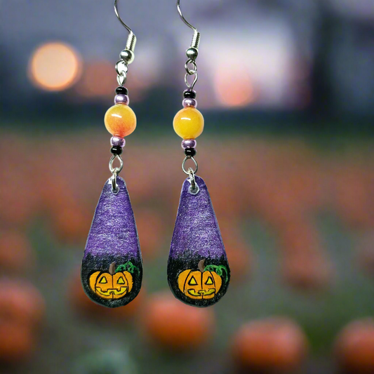 Jack-o-lantern Hand-painted Earrings With Peacock Agate Beads