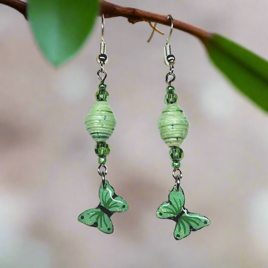 Green Butterfly Earrings With Green Handmade Paper Beads and Glass Beads