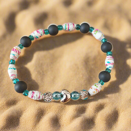 Bracelet With Heart, Colorful Handmade Paper Beads, and Black Beads