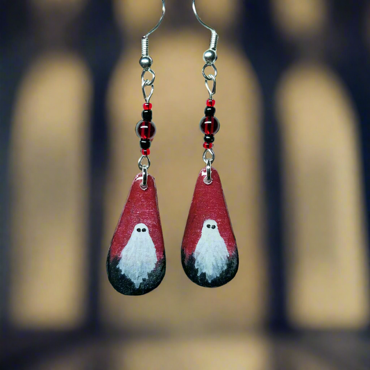 Vampy Boo Hand-painted Ghost Earrings With Glass Beads