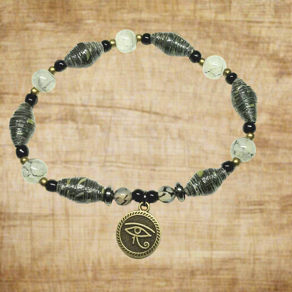 Bracelet With Eye of Horus, Black and Greed Handmade Paper Beads, and Glass Beads