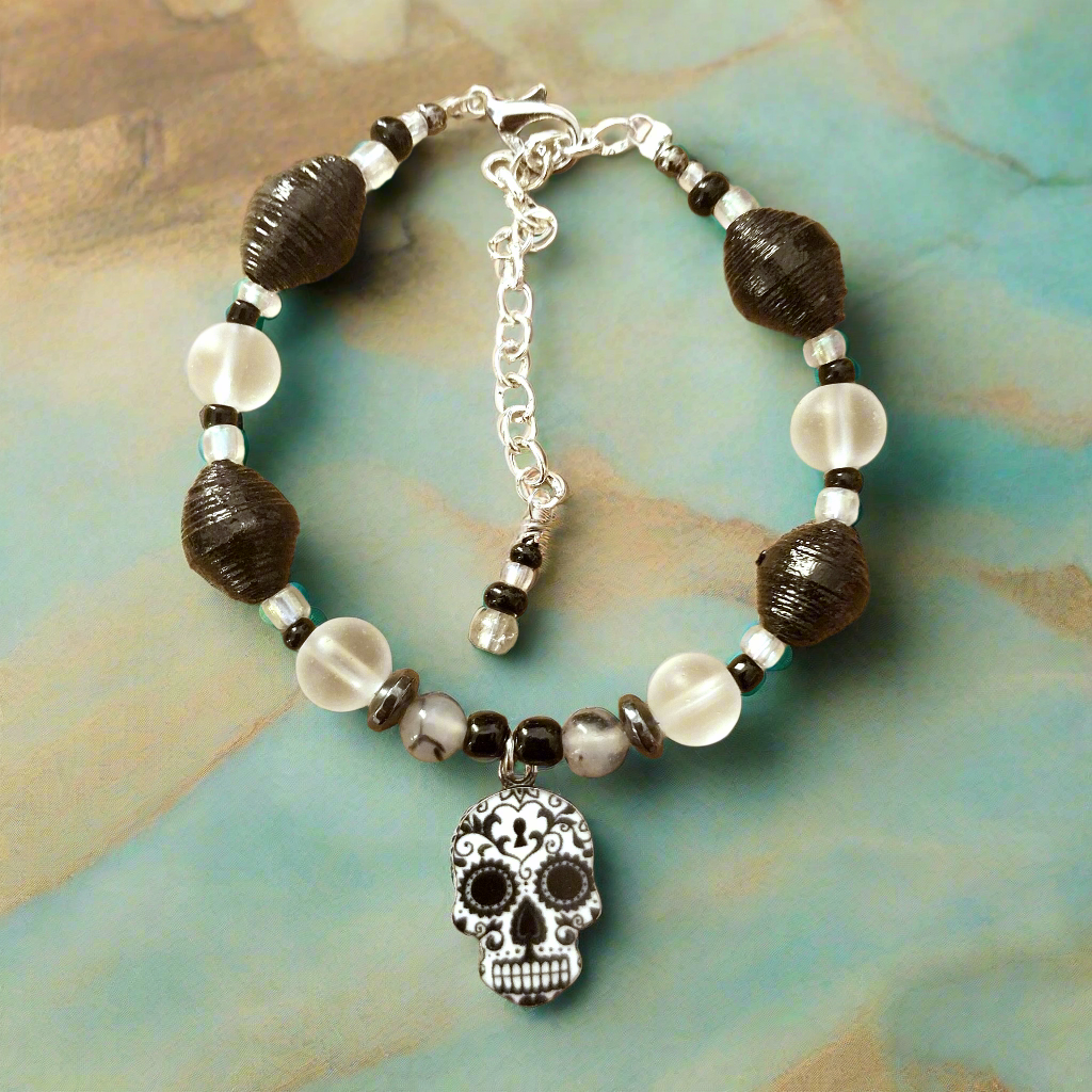 Adjustable Sugar Skull Bracelet With Black Handmade Paper Beads and Glass Beads