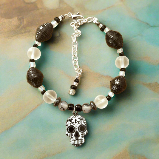 Adjustable Sugar Skull Bracelet With Black Handmade Paper Beads and Glass Beads