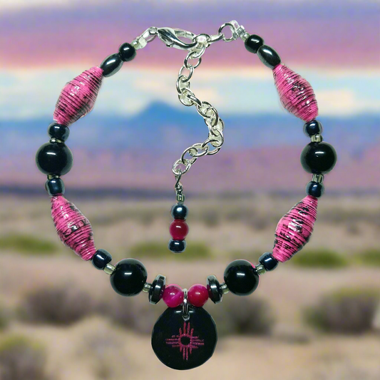 Adjustable Zia Bracelet With Pink Handmade Paper Beads and Glass Beads