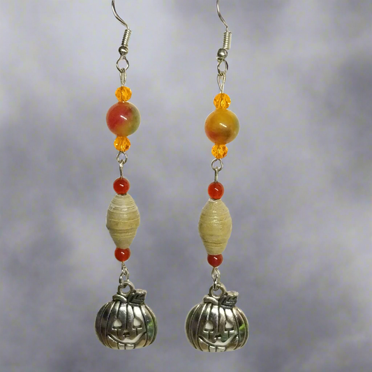 Pumpkin Earrings With Sand Colored Handmade Paper Beads and Glass Beads