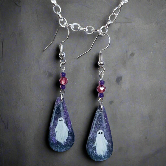 Night Sky Haunt Hand-painted Ghost Earrings With Glass Beads