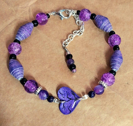 Adjustable Purple Broken Heart Bracelet With Handmade Paper Beads and Glass Beads