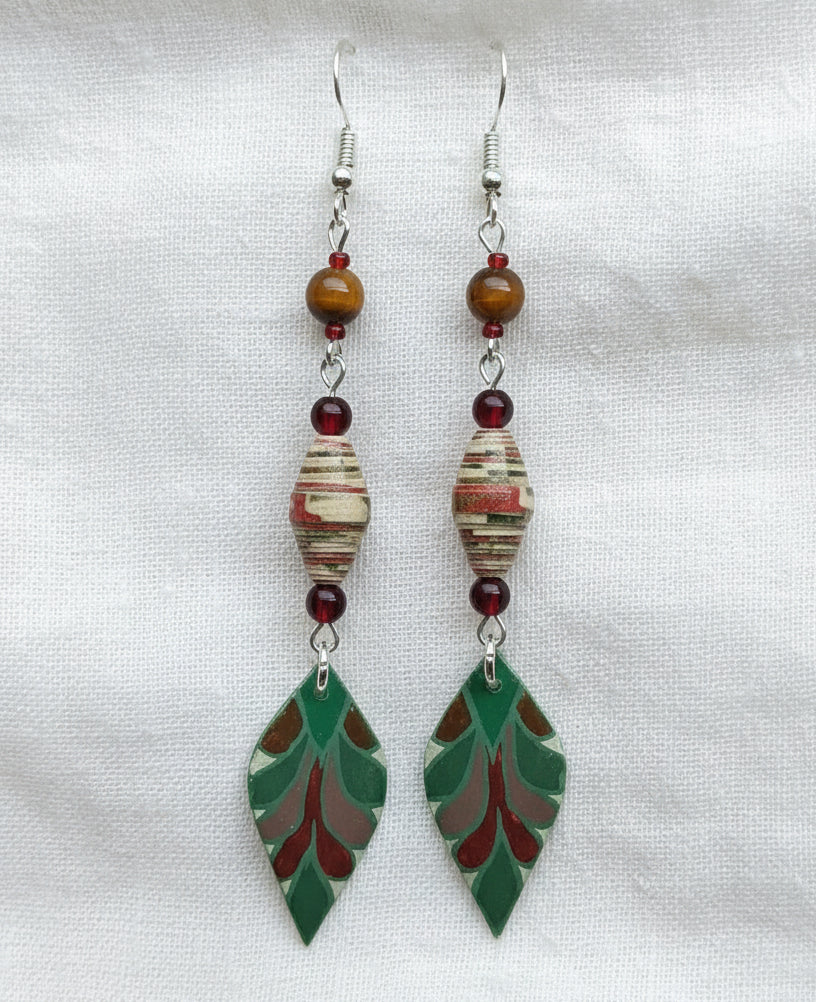 Handmade Leaf Earrings With Striped Earthtoned Paper Beads & Tiger's Eye