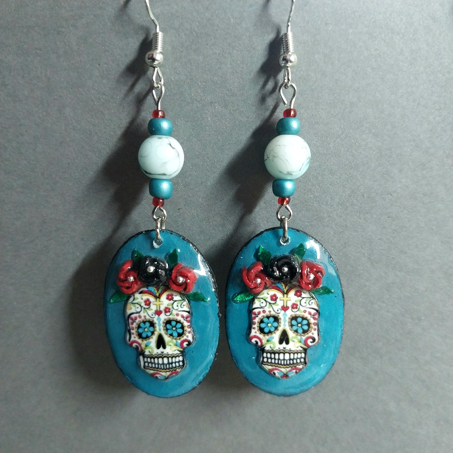 Handmade Petrita Sugar Skull and Flower Earrings With Blue Marbled Glass Beads