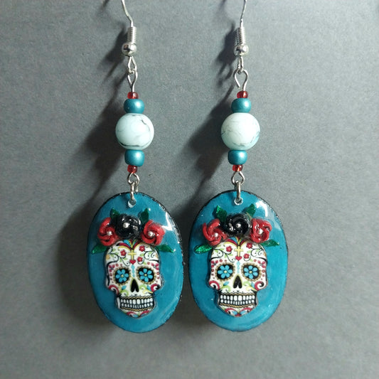 Handmade Petrita Sugar Skull and Flower Earrings With Blue Marbled Glass Beads