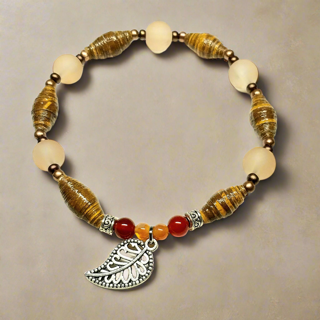 Bracelet With Leaf charm, Wood Colored Handmade Paper Beads & Glass Beads