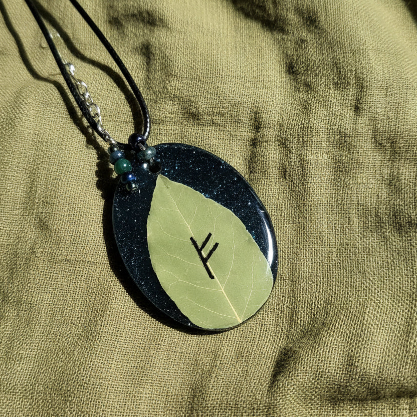 Handmade Fehu Prosperity Bay Leaf Necklace Infused With Selenite Crystal