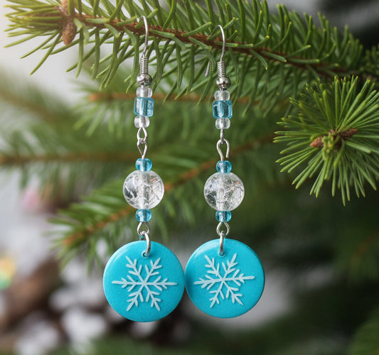 Hand-painted Blue Snowflake Earrings With Glass Beads