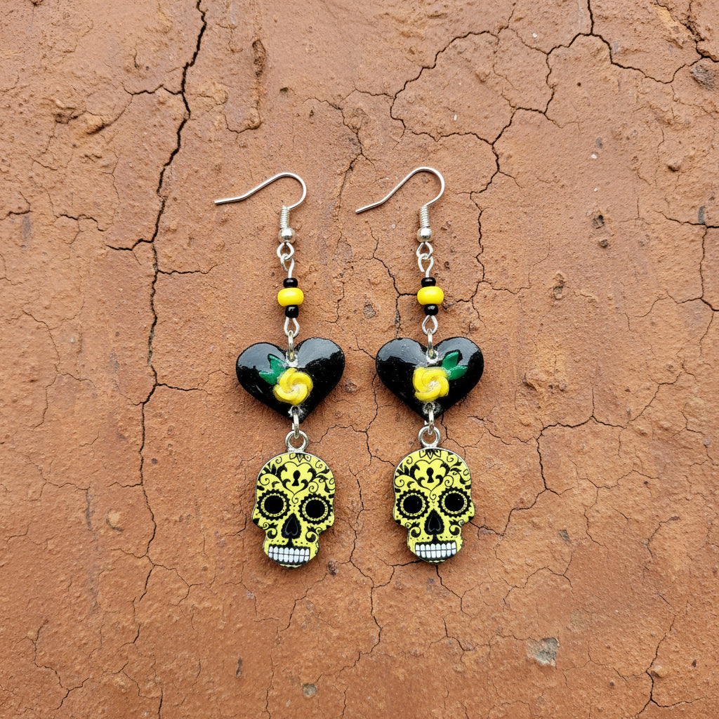 Yellow Sugar Skull Earrings With Handmade Hearts