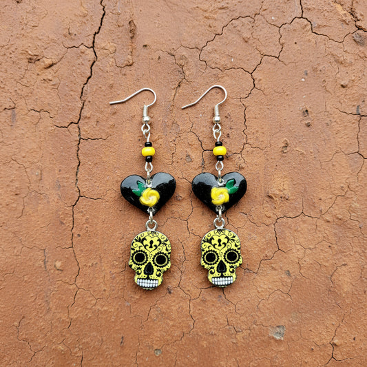 Yellow Sugar Skull Earrings With Handmade Hearts