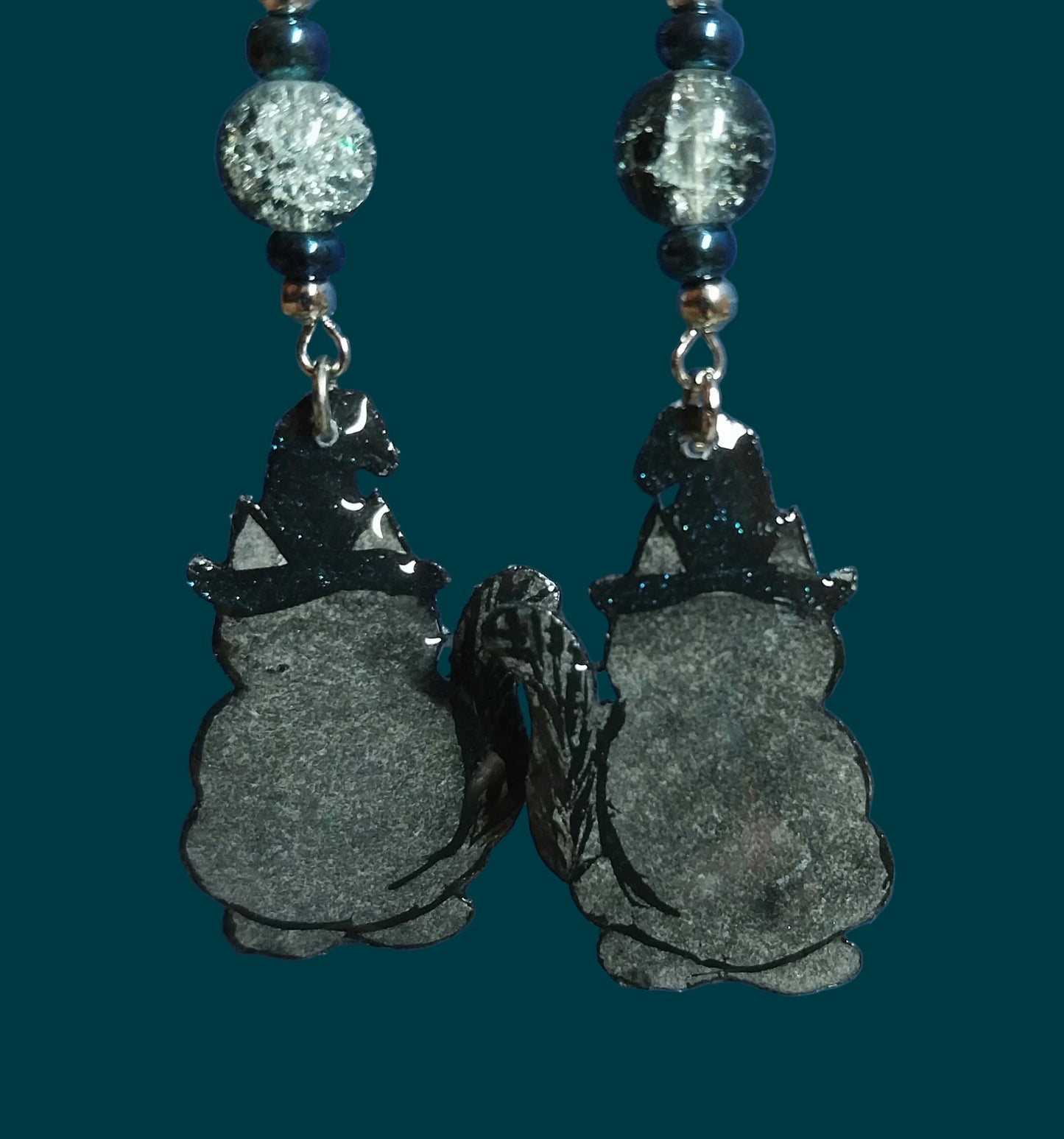 Handmade Blue Glitter Witchy Cat With Crackle Glass Beads