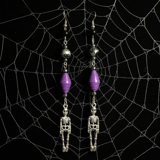 Skeleton Earrings With Purple Handmade Paper Beads and Marbled Beads