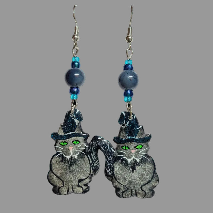 Handmade Blue Glitter Witchy Cat With Smoke Glass Beads