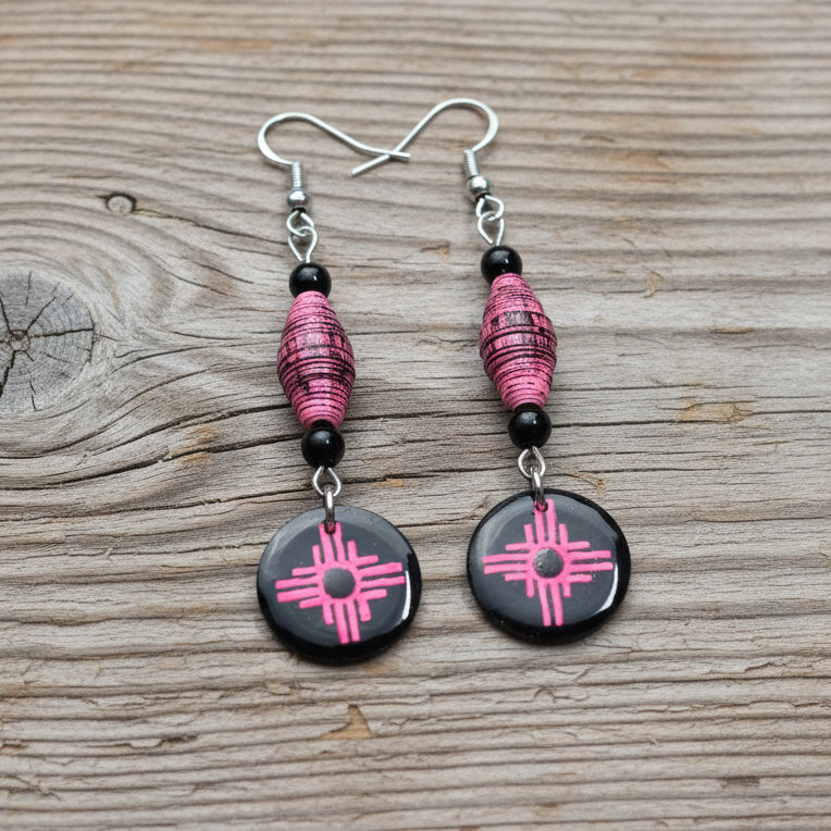 Handmade Earrings With Distressed Pink Paper Beads and Black Glass Beads