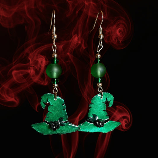 Handmade Green Witch Hat Earrings With Green Glass Beads