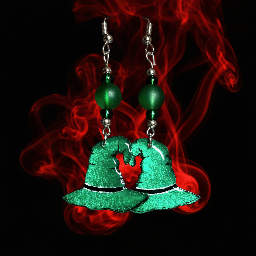 Handmade Green Witch Hat Earrings With Green Glass Beads