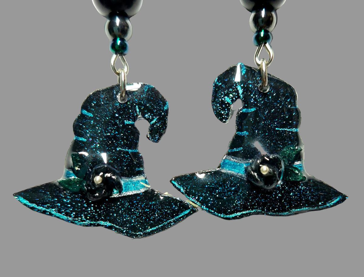 Handmade Blue Glittery Witch Hat Earrings With Black Glass Beads