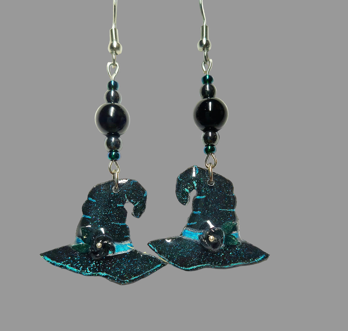 Handmade Blue Glittery Witch Hat Earrings With Black Glass Beads