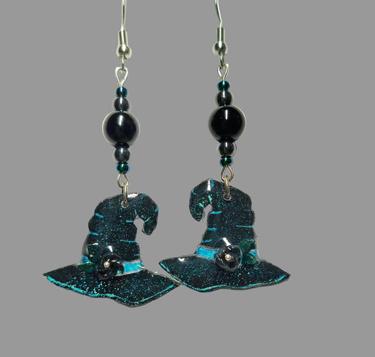 Handmade Blue Glittery Witch Hat Earrings With Black Glass Beads