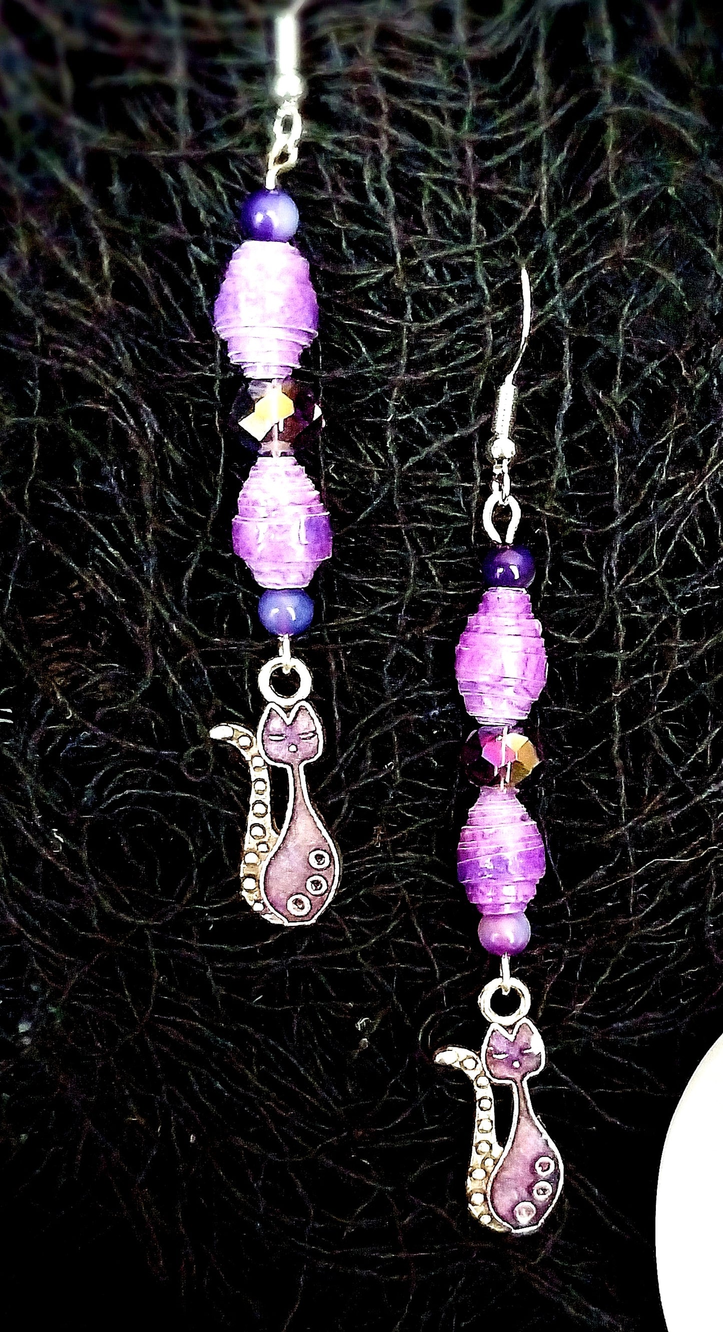 Cat Earrings With Violet Handmade Paper Beads