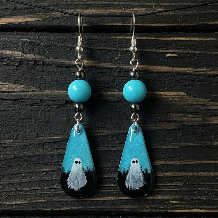 Little Blue Boo Hand-painted Ghost Earrings With Turquoise Blue Glass Beads