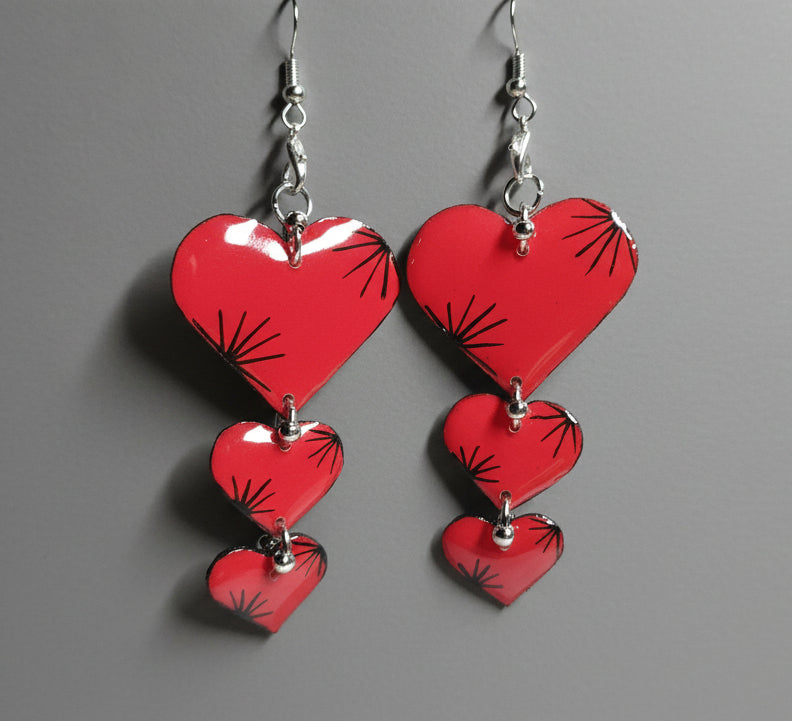 Reversible Handmade Red and Black Starburst Heart Earrings