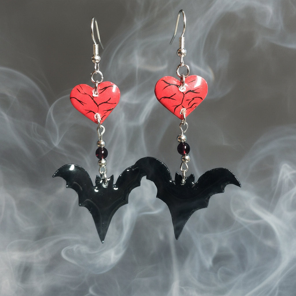 Handmade Bat Red Romance Earrings