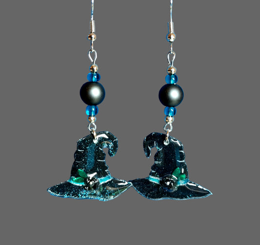 Handmade Blue Glittery Witch Hat Earrings With Green Glass Beads