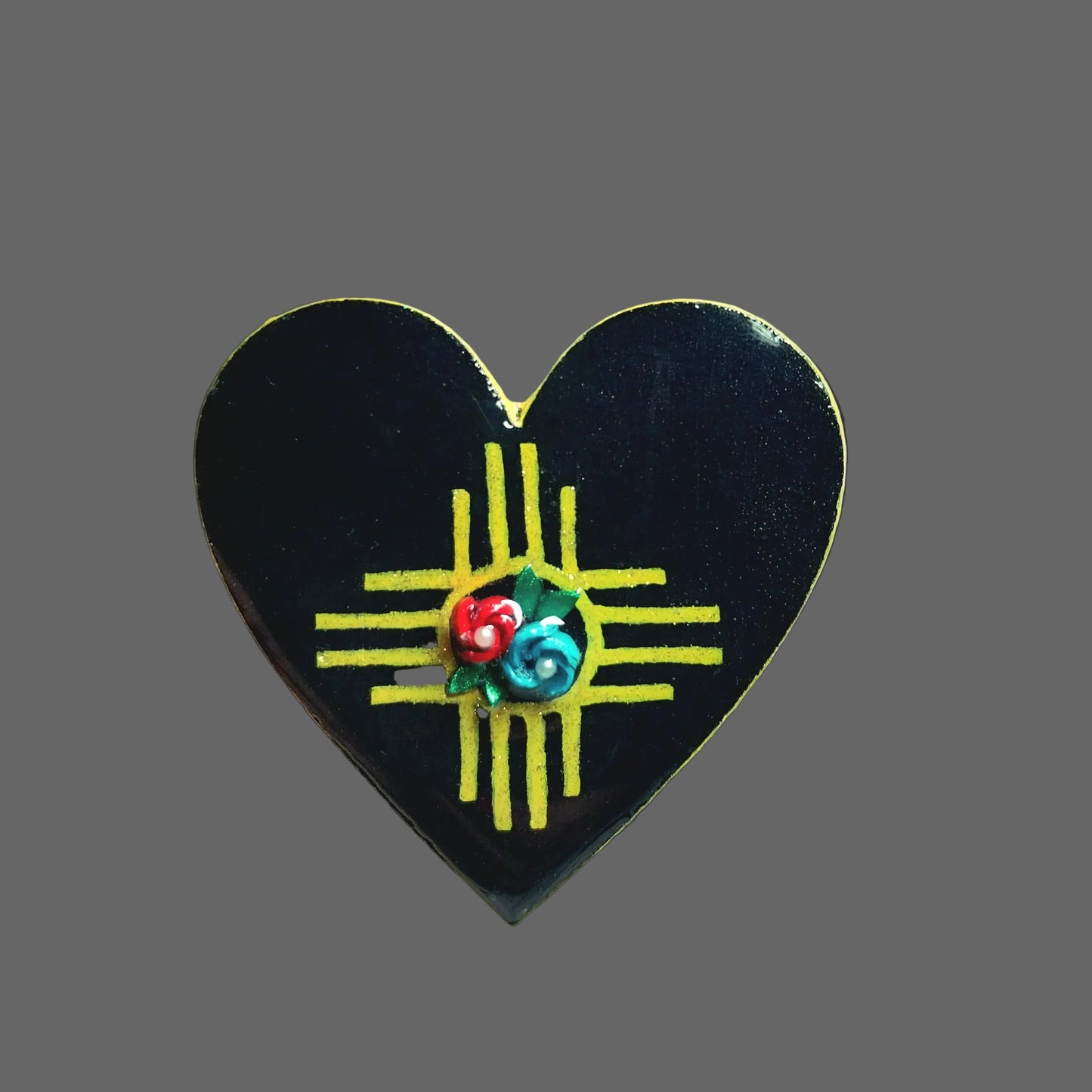 Hand-painted Wood and Resin Yellow Zia With Flowers Magnet