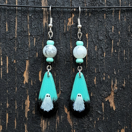Minty Boo Hand-painted Ghost Earrings With Glass Beads