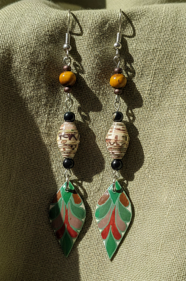 Handmade Leaf Earrings With Striped Earthtoned Paper Beads & Tiger's Eye