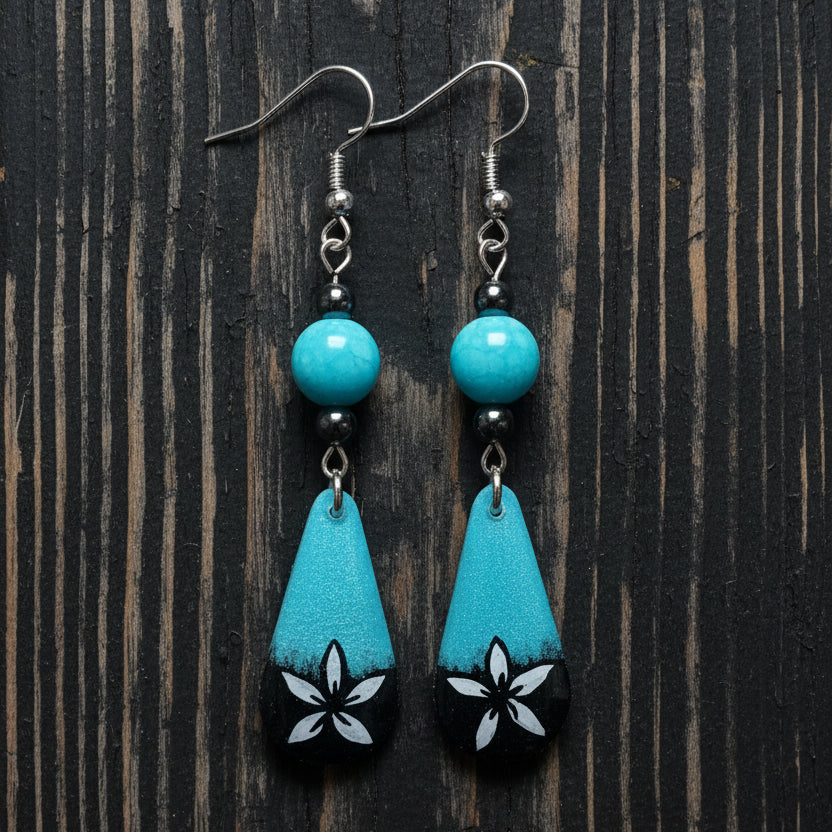 Little Blue Boo Hand-painted Ghost Earrings With Turquoise Blue Glass Beads