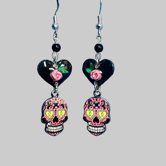 Sugar Skull Earrings With Handmade Hearts