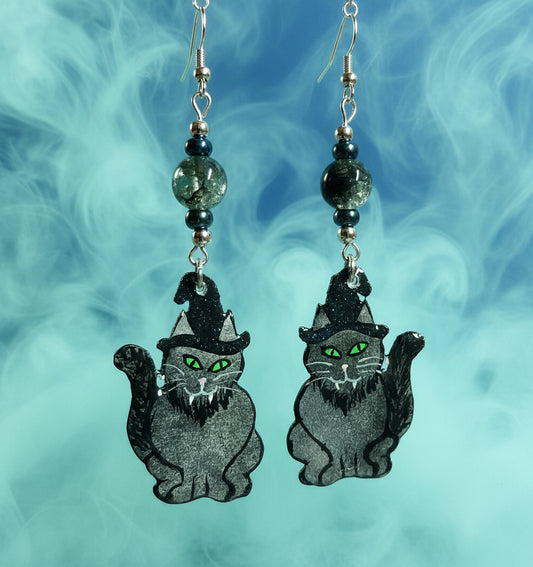 Handmade Blue Glitter Witchy Cat With Crackle Glass Beads