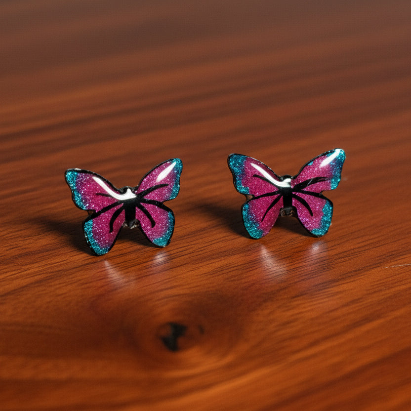 Magenta & Blue Butterfly Stud Earrings